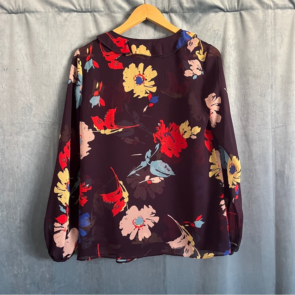 CAbi Juliet Blouse Style 3859 Floral Print Women Plum Top Sheer Ruffle Collar S - Picture 6 of 13